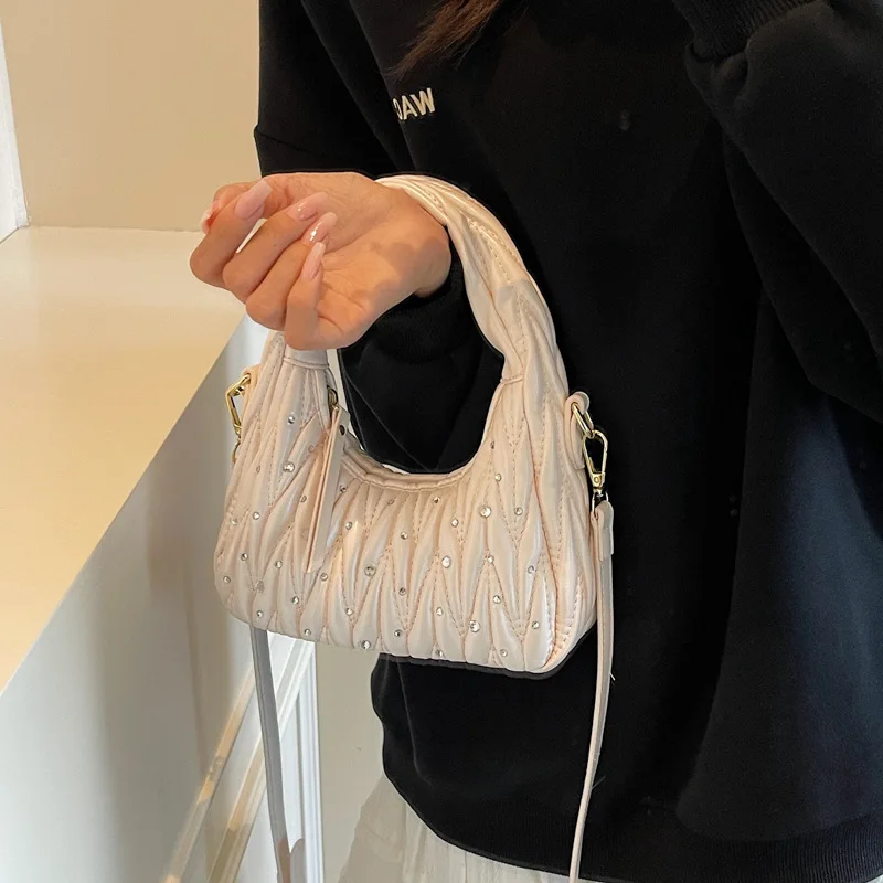 

New Retro Pleated Women's Bag, Diamond-encrusted Diamond Shoulder Bag, Crescent Messenger Mobile Phone Bag, Handbag.