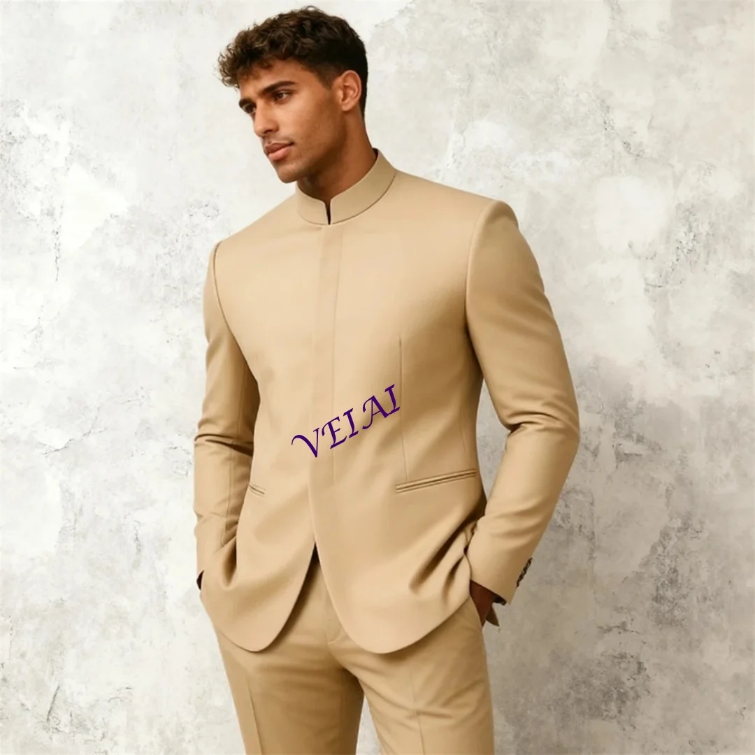 

CustomizedStand Collar 2-Piece Suit Attire for Men XXS-7XL, Hidden Buttons Formal Suit Set, Jacket Pants Casual Smart Tuxedo