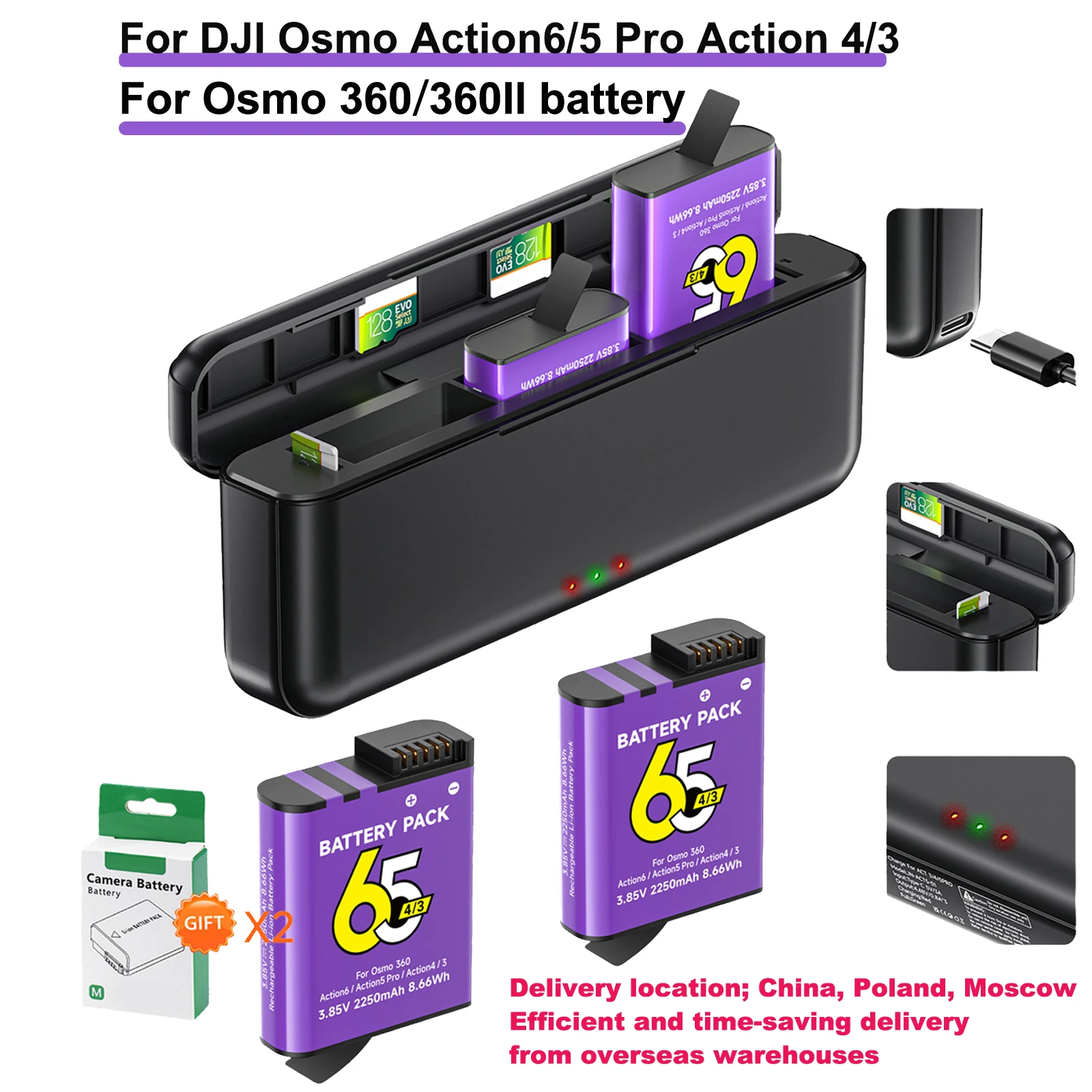 Image of 2250mAh Akku für DJI Osmo Action 5 Pro Action 4/3 Kamera mit 3-Kanal-Schnellladegerät für DJI Osmo 360 Action 6 Zubehör