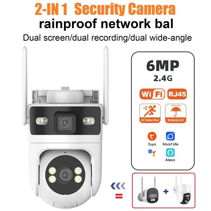 كاميرا TUYA 6MP للاتصال الداخلي ثنائية الاتجاه 2 في 1 ذكية 3MP + 3MP WIFI AI كشف اللون للرؤية الليلية CCTV EU PLUG