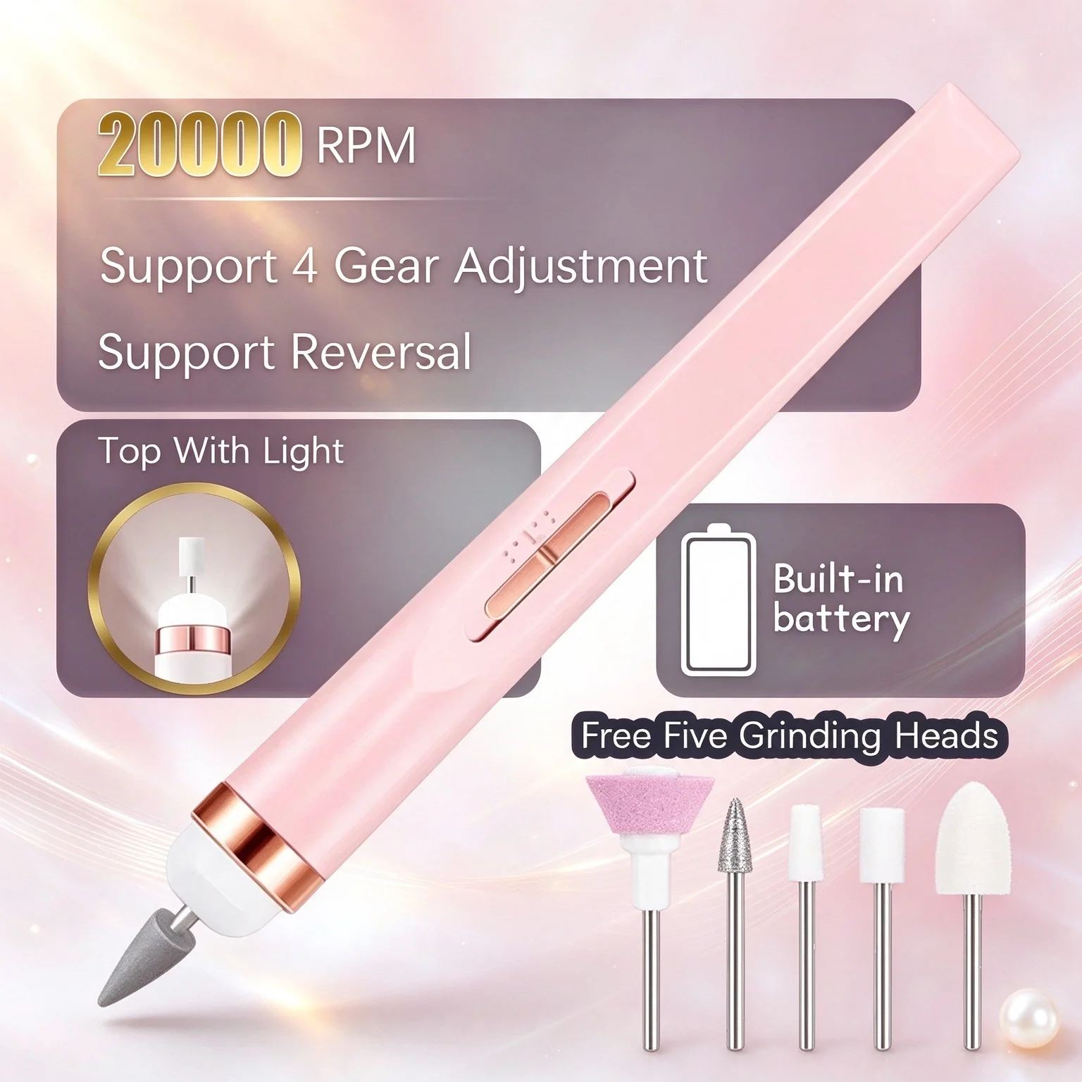 YIKOOLIN 5 in 1 Portable Rechargeable Nail Drill Pen LED Light Adjustable Speed Forward Reverse Manicure Pedicure Tool Kit