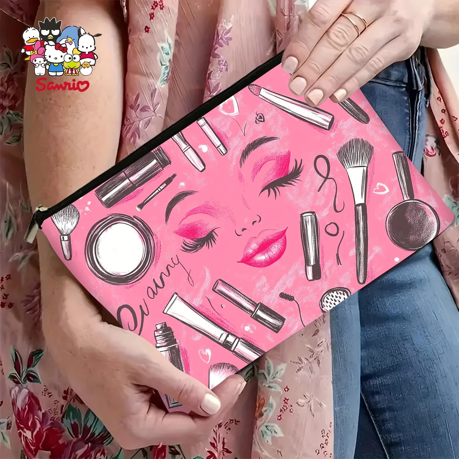 Un sac de maquillage rose pour élément cosmétique – jolie pochette multifonctionnelle à fermeture éclair pour femmes, sac de rangement de bijoux