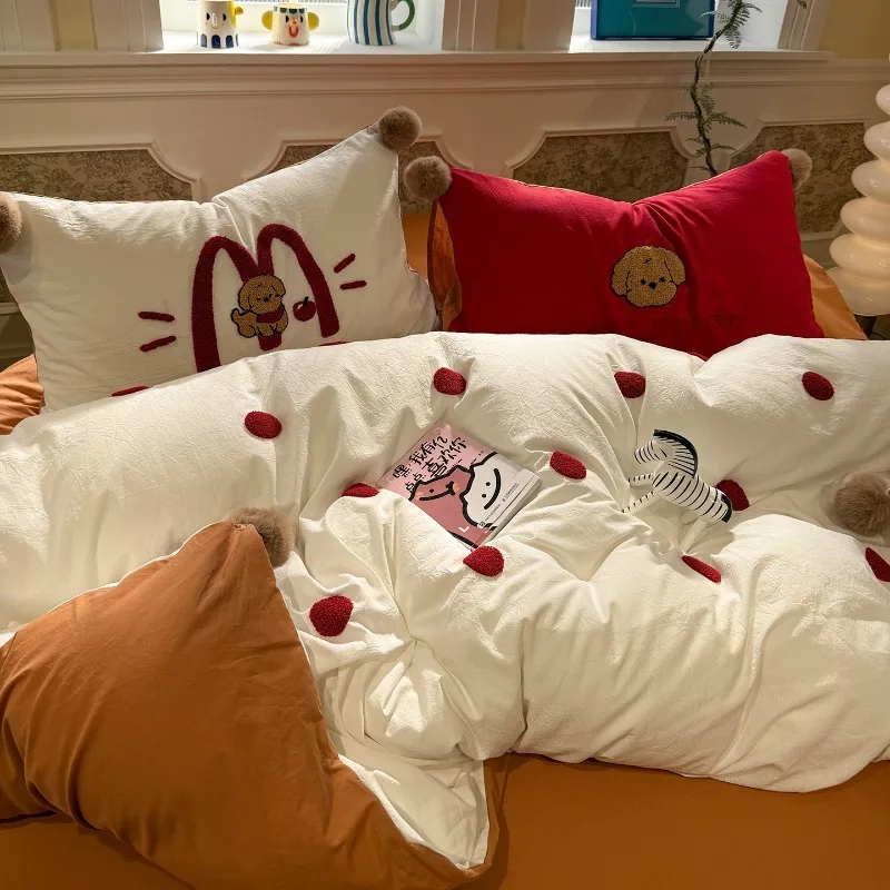 Cartoon Hairball Towel Embroidery Bed Four-piece Set Washed Cotton Bed Sheet Quilt Cover Quilt Cover Dormitory Bedding Set