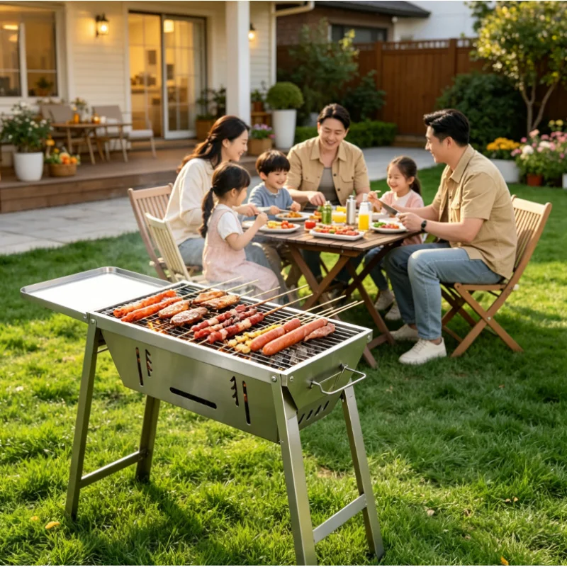 

Stainless Steel Thickened Portable Charcoal Grill, One-second Folding Small Outdoor Household Barbecue