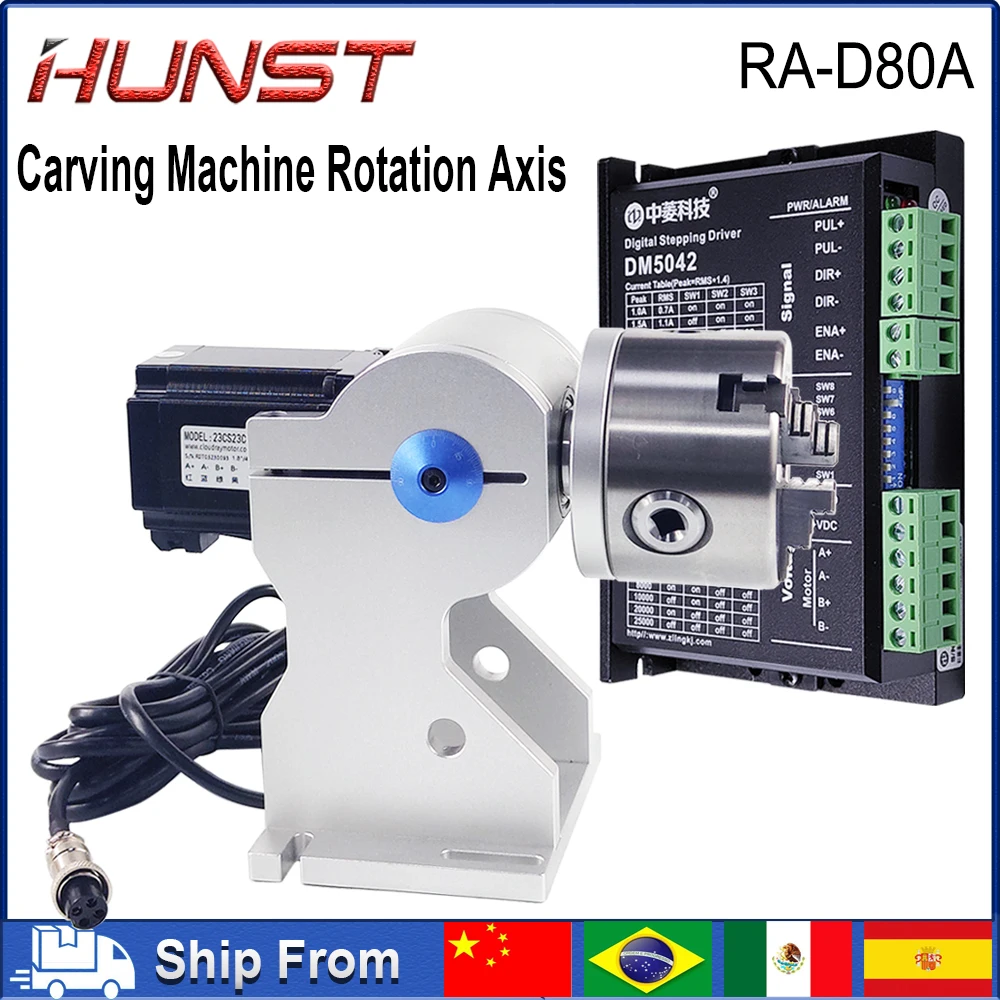 Hunst Rotary Attachment D80 Rotary Device with 3 Jaw Chuck, Can Choose DM5042 Driver for UV CO2 and Fiber Laser Marking Machine