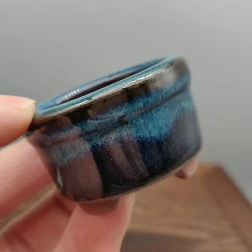 Round Blue Glazed Mini Mame Bonsai Pot 4.6x4.6x2.8cm
