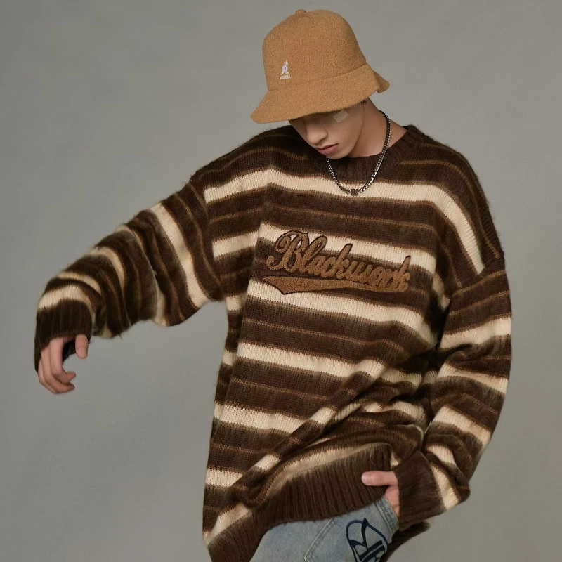 American Striped Knitted Sweater Mens High Street Vintage Mink Fur Towel Embroidered Pullover Unisex Knitwear Tops Oversized