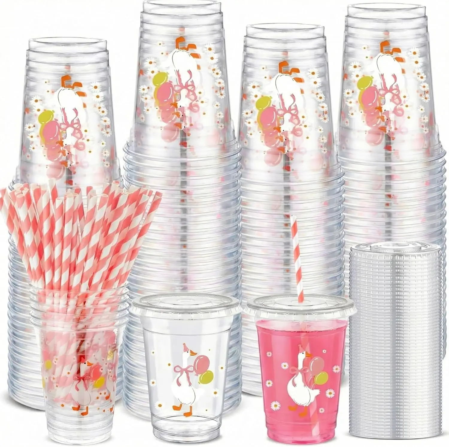 

50 Sets Silly Goose Bow Disposable Cups for Baby Shower with Lids and Straws Plastic 12 oz Cute Bowknot Goose Cold Bever