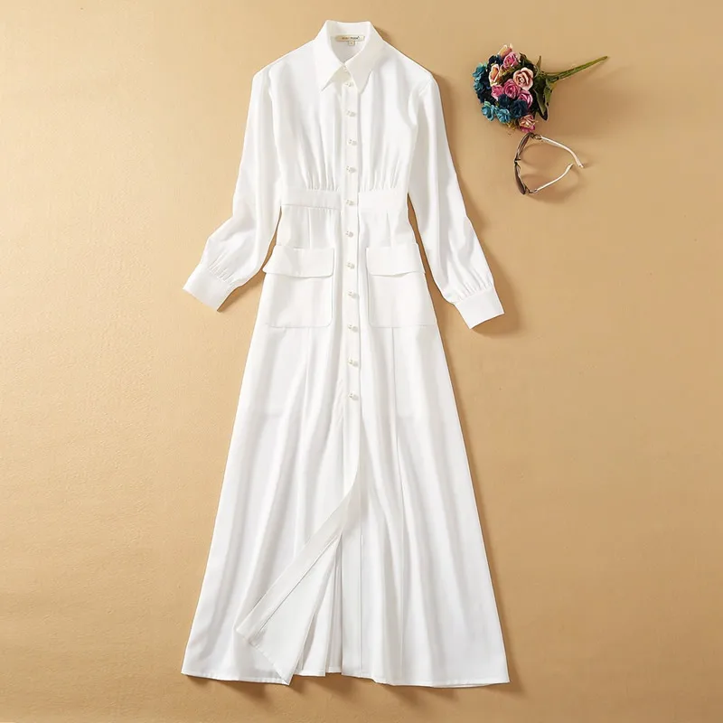 

Women Solid White Dress Long Sleeve A-Line Turn-Down Collar Dresses