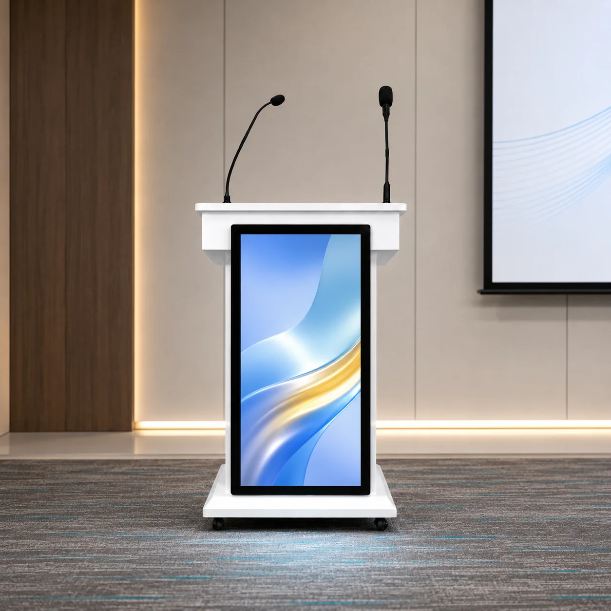 Interactive 10-Point Capacitive Touch Screen Smart Podium Lectern Microphone System Cloud-Based CMS Floor Standing Aluminum Body