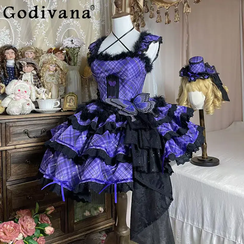 

Purple Lolita Gothic Sweet Cool Fashion Sleeveless Short Dress JSK Summer New Women's Plaid Layered Dress Girls Cosplay Dress
