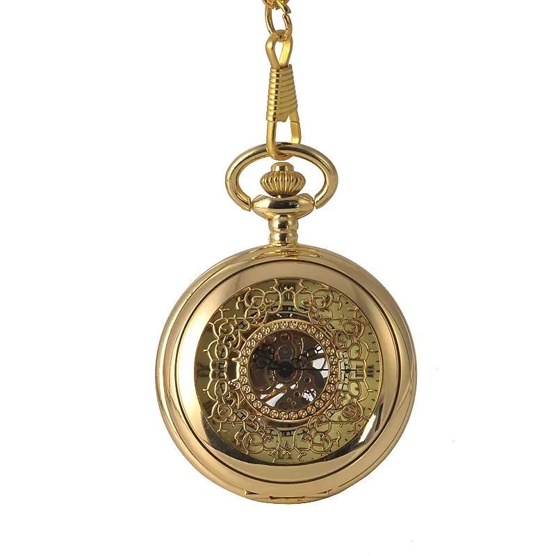 8935Large size classical quartz pocket watch mechanical gold flower flip pocket watch with waist chain