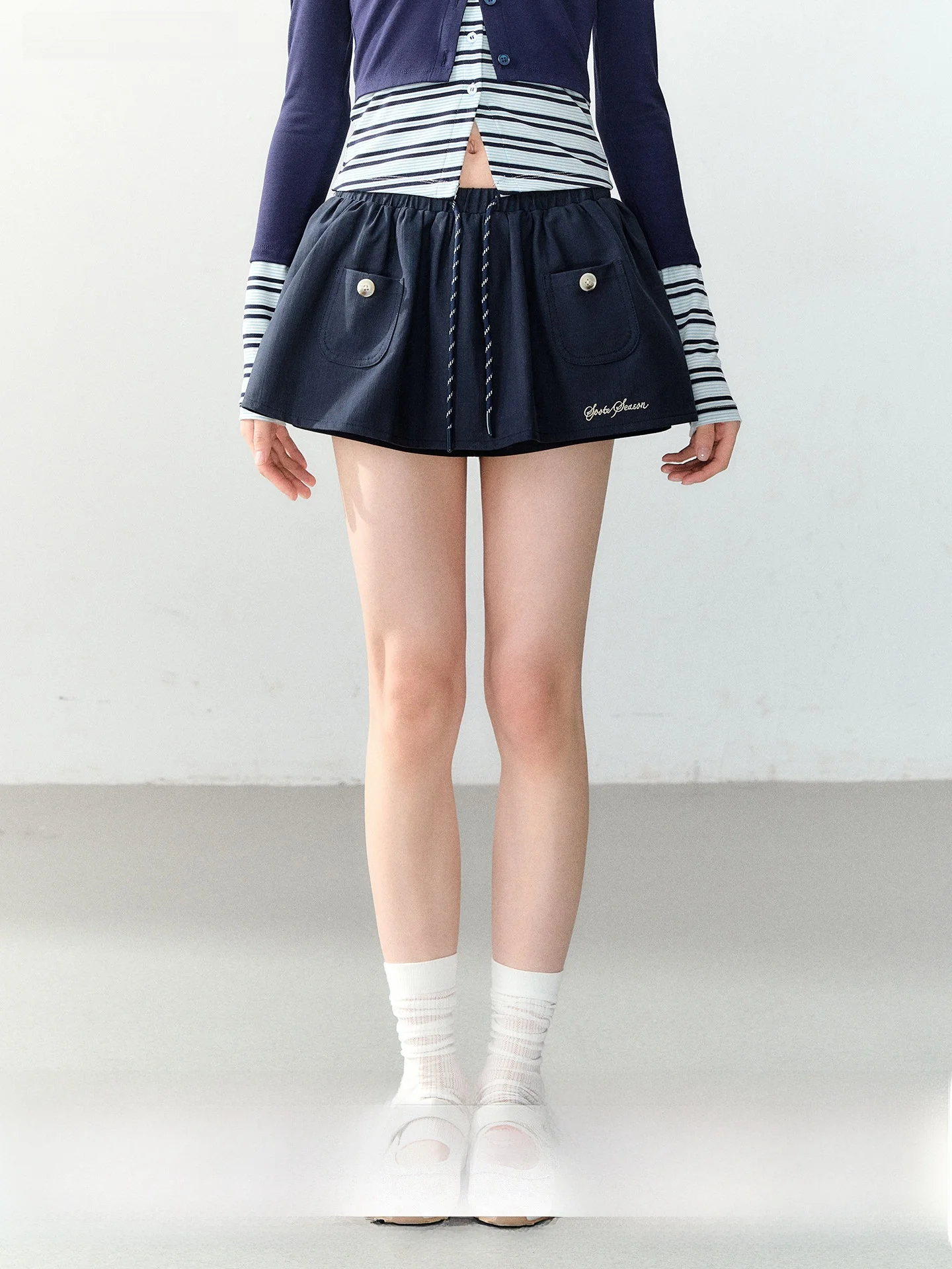 

Original Korean Sporty Ruffle Hem Pocket Skirt with Drawstring Slimming Flower Bud Half-length Women's Fashion Spring Cotton ...