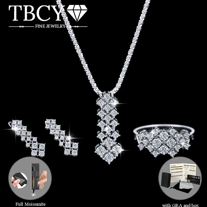 

TBCYD Luxury Full Moissanite Diamond Three - piece Sets for Women 925 Silver Rhombus Earrings Ring Necklace Evening Jewelry Gift