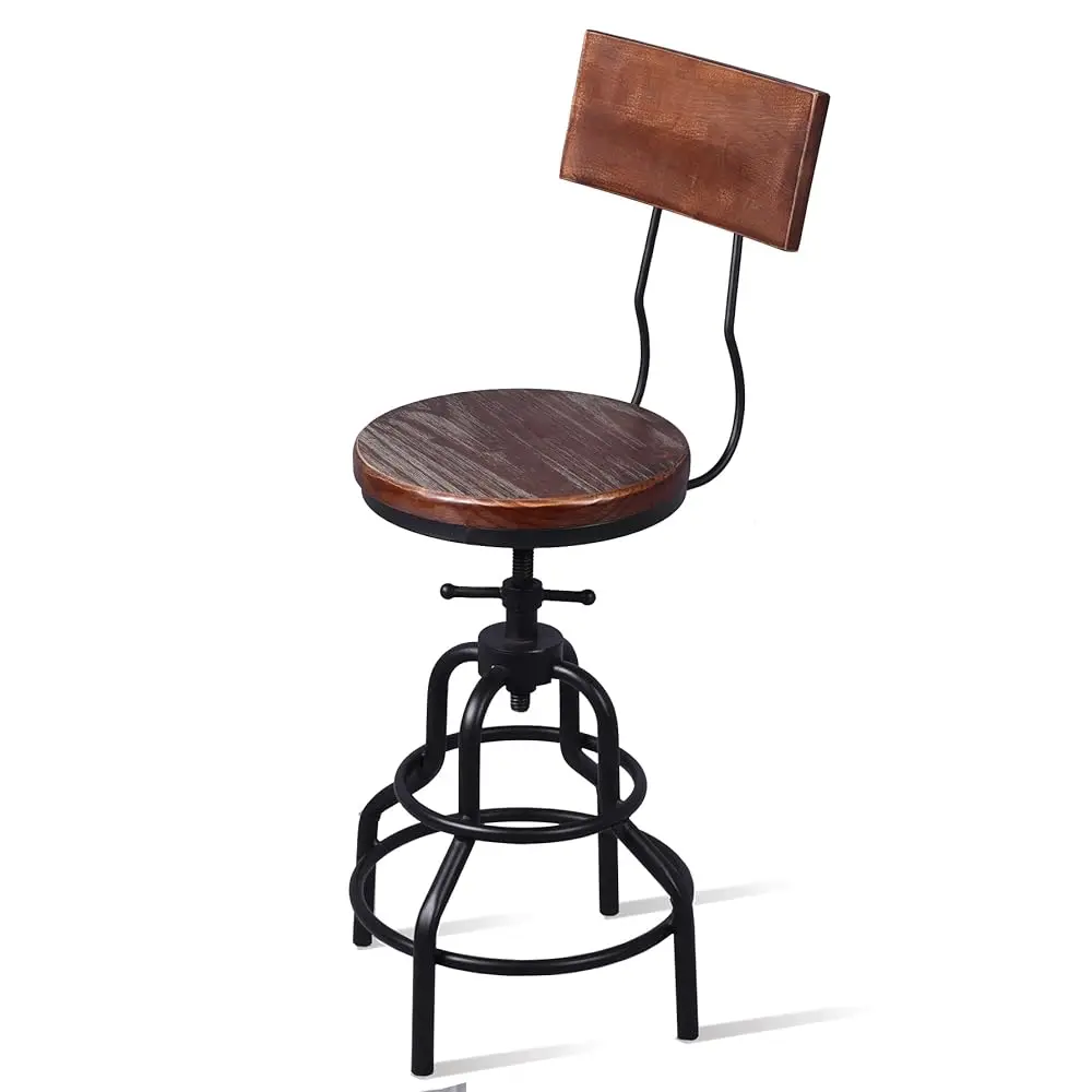 Industrial Vintage Counter Stool, Kitchen Counter Height Adjustable Swivel Chair, Metal Frame Stool, With Wood Backrest,