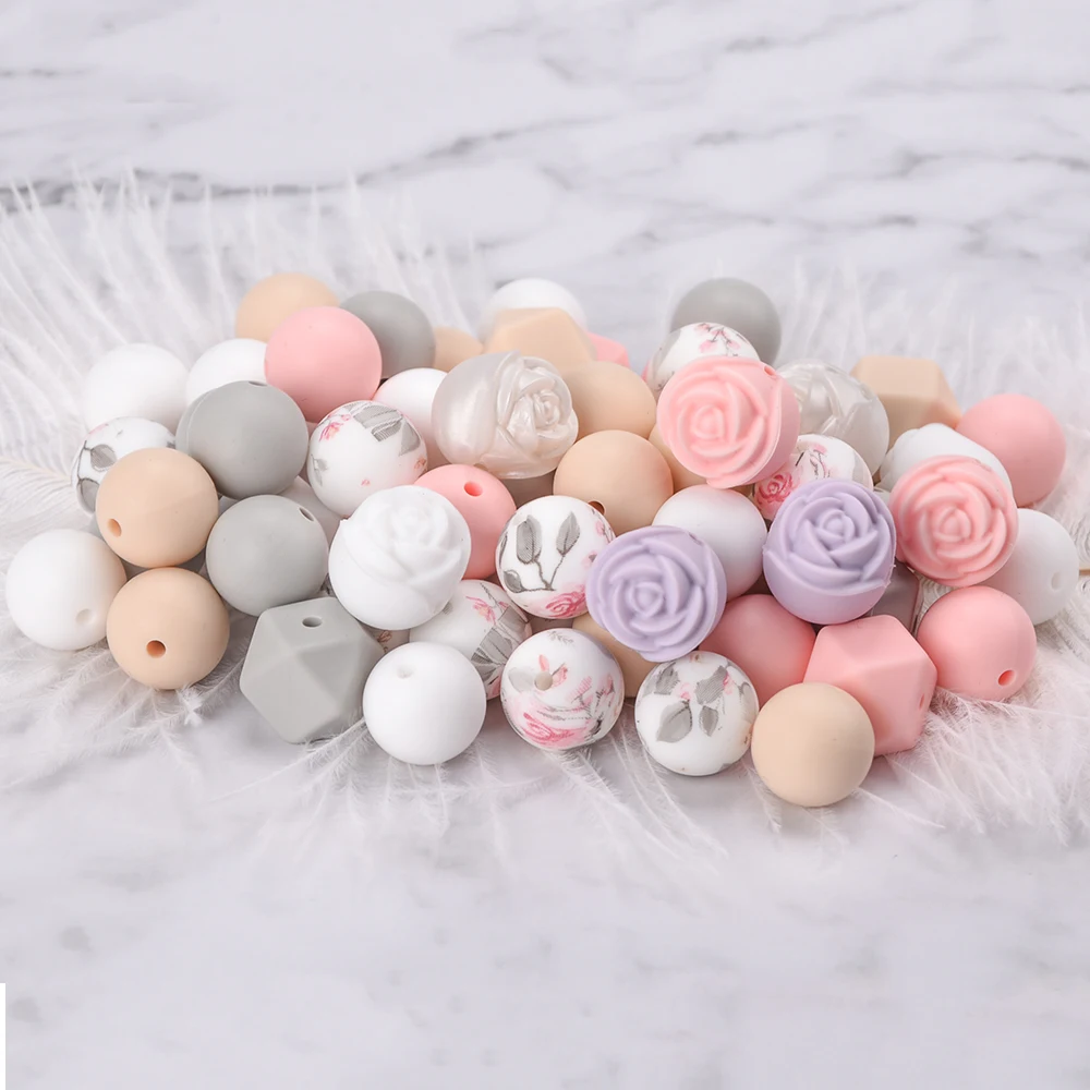 LOFCA 66Pcs Silicone Beads 15mm Printed Round Flower Beads For Jewelry Making DIY Necklace Bracelet Accessorie