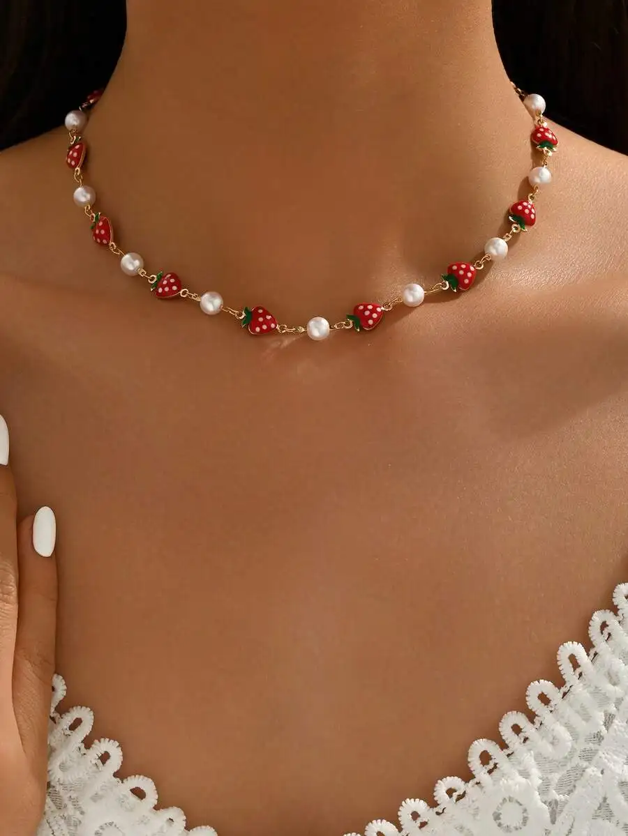 

Strawberry And Pearl Charm Chain Necklace For Women, Cute Romantic Jewelry For Daily Wear Party Summer