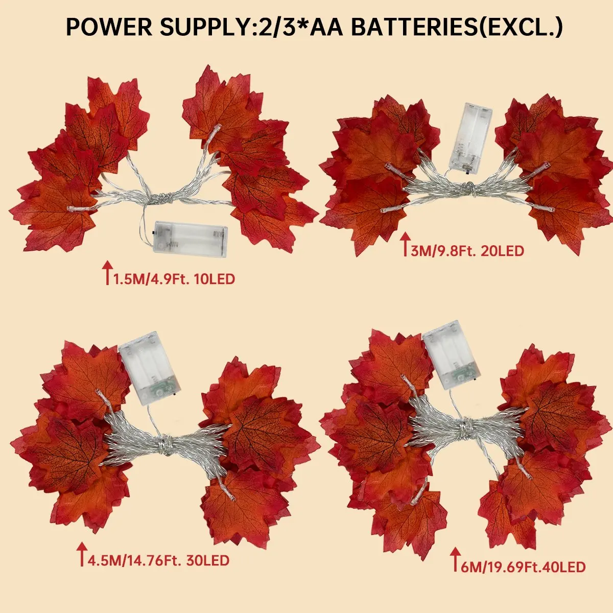 1pc 10/20/30/40 LED Fall Maple String Light Hanging Halloween Decorative Lamp Battery Powered For Home Bedroom Living Room Decor