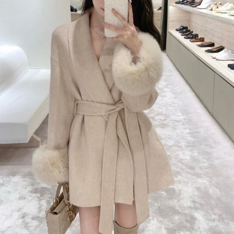 Knock Winter New Loose Fit Lazy Style Chic Fashion V-neck Blend Coat for Women Wide Sleeves Outwear Stripes Female Wool Coat