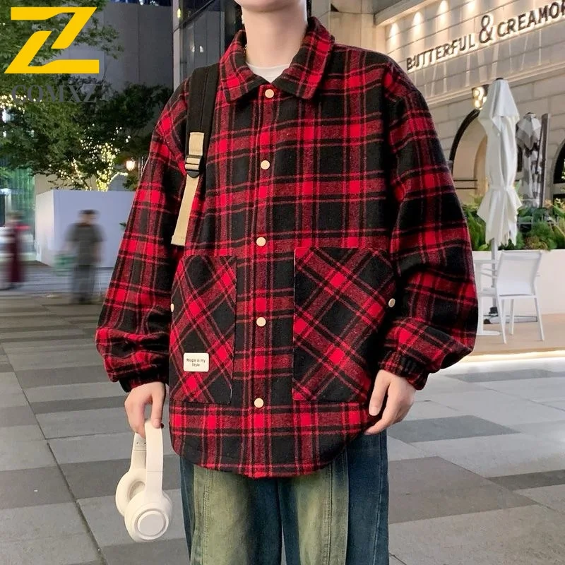 

COMXZ High Quality Men Jacket Leisure Lattice Design Turndown Collar Camping Lightweight Coats Travel Wear Resistant Autumn Coat