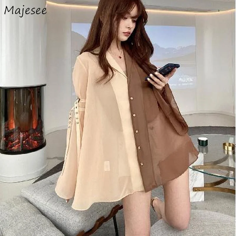 

Shirts Women Elegant Simple Button Solid Ins College Cute Korean Style New Arrival Chiffon Single Breasted Cosy Fashion Popular