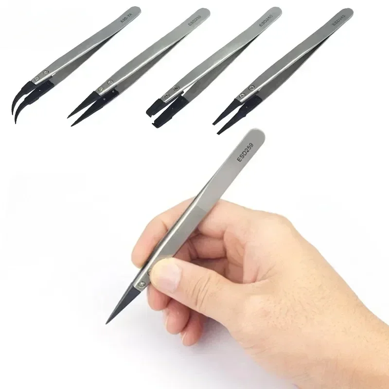 6PCS Watch Hands Installation Work Tweezers Straight Elbow Handle Stainless Antistatic Plastic Tweezers ESD-259 ESD-259A ESD-7A