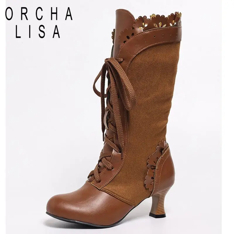 

ORCHA LISA Casual Women Mid Calf Boots Round Toe 6cm Block Heel Large Size 46 47 48 Front Lace-up Modern Boots Retro Daily Shoes