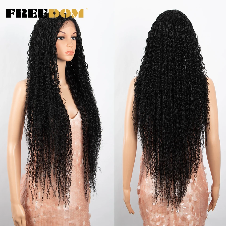 FREEDOM Synthetic Lace Wigs For Women 36 Inch Long Curly Hair Blonde Ombre Brown Lace Frontal Wig Cosplay 13x6x1 Lace Front Wigs