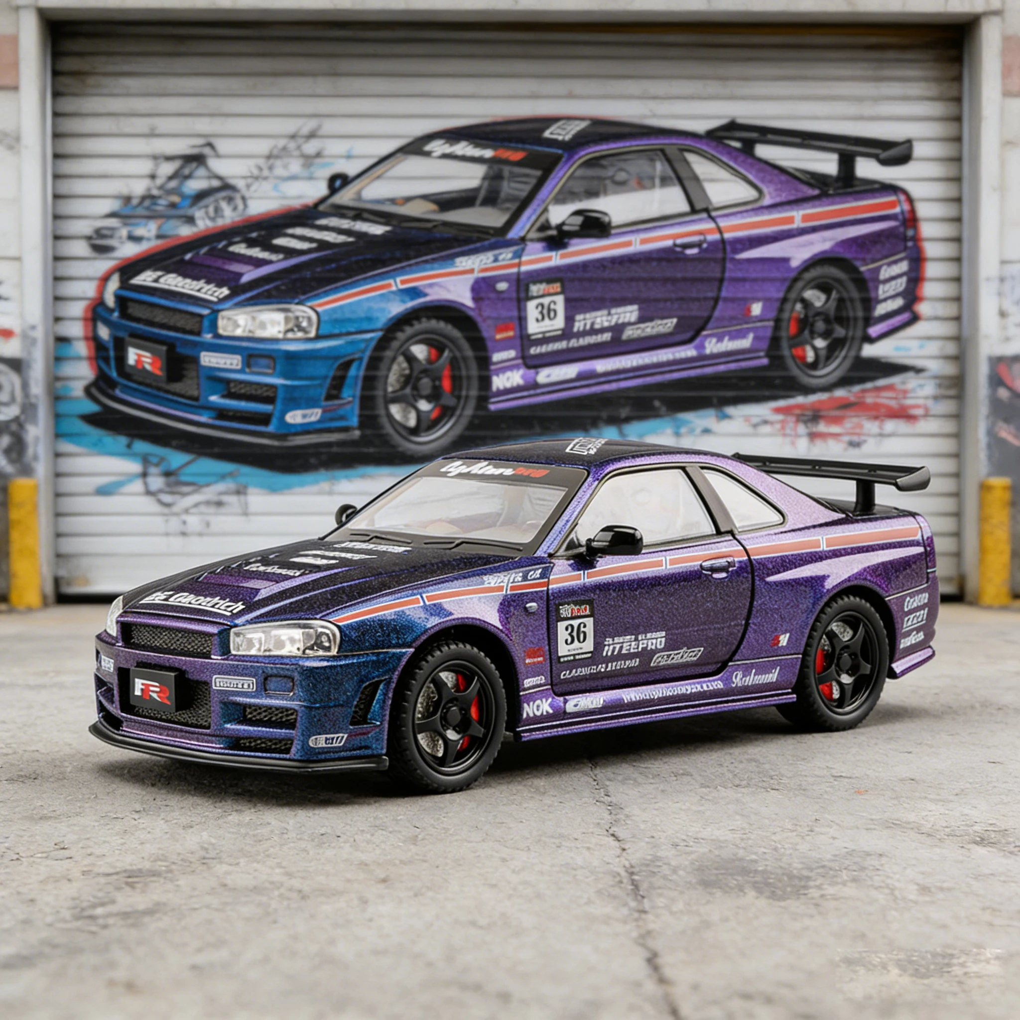 

Масштабная модель автомобиля GTR-R34 1:24, литая под давлением, со звуком и светом, спортивный автомобиль, детская игрушка, гоночная машинка, подарок для мальчика