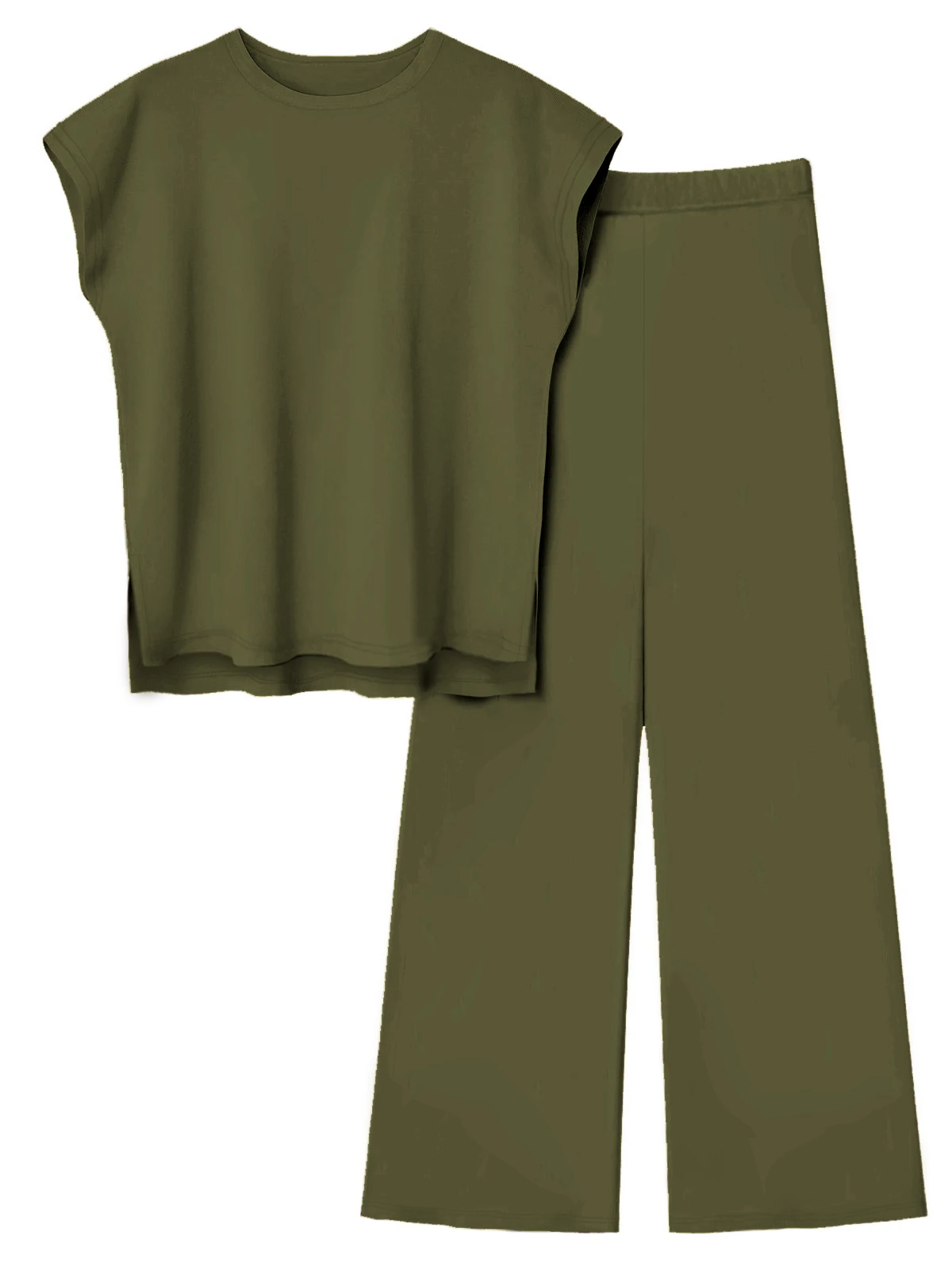 Army Green Loungewear Matching Set Women Cap Sleeve Loose Top Wide Leg Trousers Casual 2 Piece Outfit