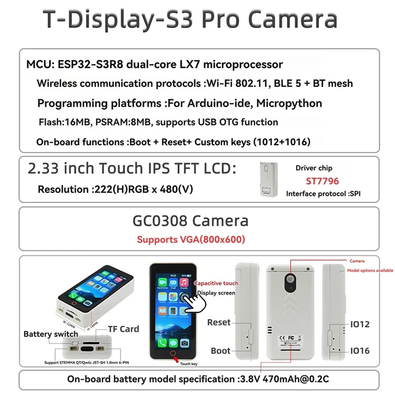 

Превосходная макетная плата T-Display-S3-Pro + камера GC0308 ESP32-S3 2,33-дюймовый сенсорный ЖК-модуль Wi-Fi 802.11 BLE 5 + BT Mesh