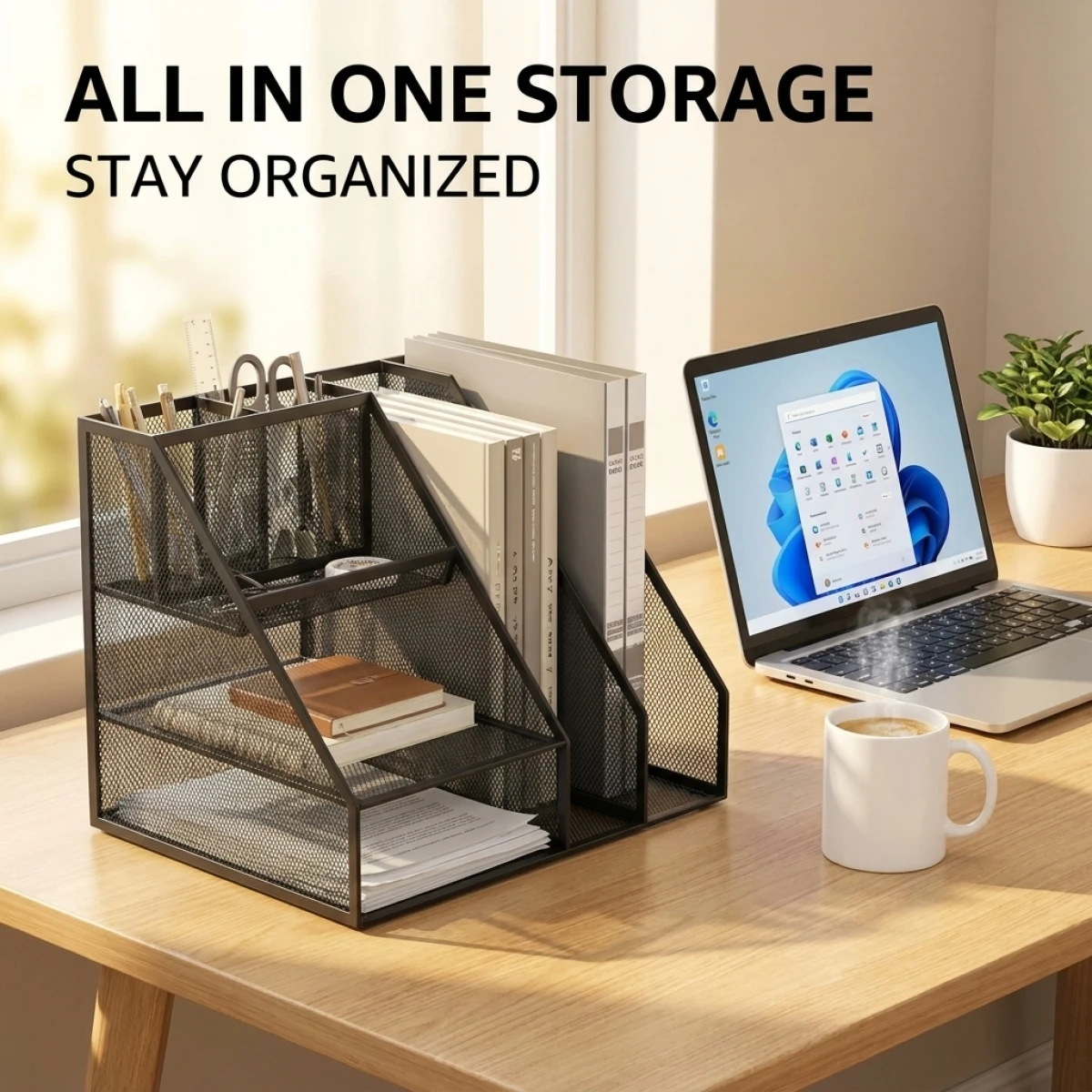 

Desktop Filing System – Pen Holder, A4 Book, Stationery, Data Book, File – Compact 31cm, 70% Space Saved, Rounded Edges for Safe