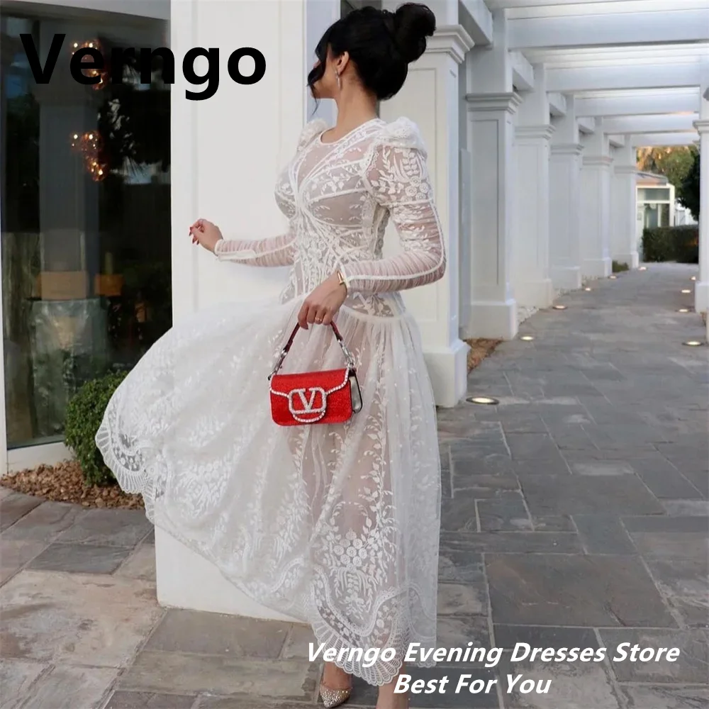 Verngo Vintage Lace Women Evening Dresses Long Sleeves O-Neck Formal Party Gowns Dubai Arabic Ankle Length Prom Gowns Customized