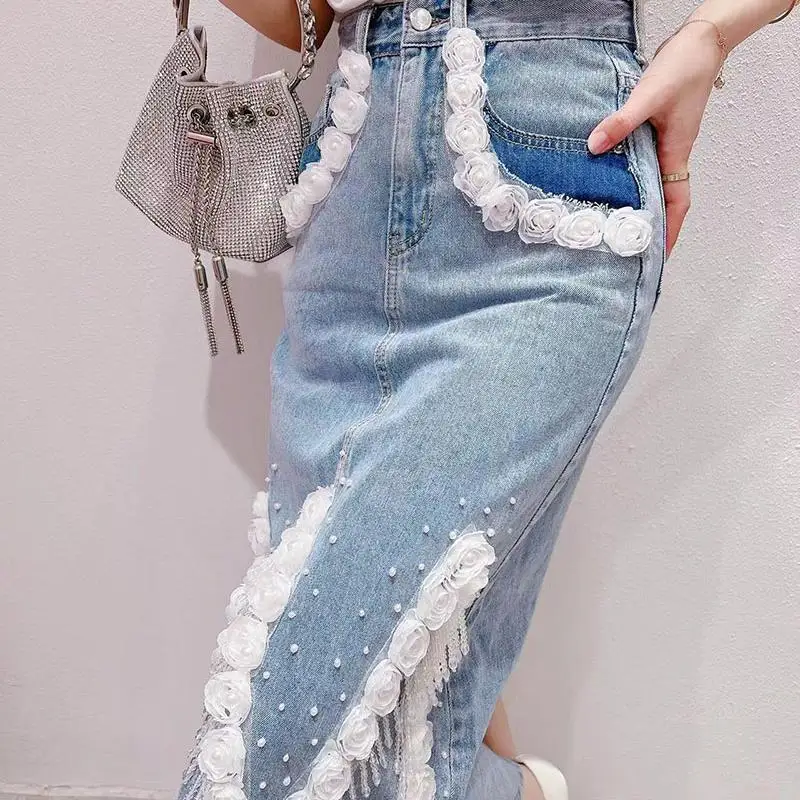 Korean Niche Nail Bead Tassel Denim Skirt for Women's Autumn New High Waisted Three-dimensional Flower Jeans Skirts
