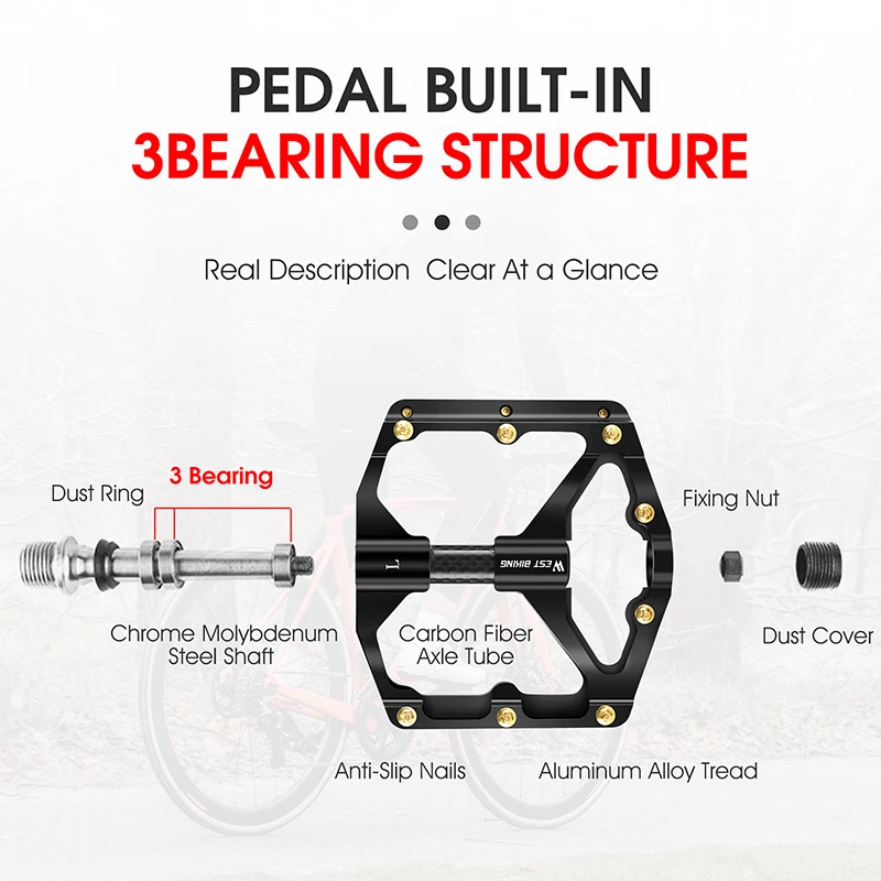 WEST BIKING Bicycle Pedals Carbon Fiber 3 Bearings Pedal MTB 16 Nail Anti-slip Bicycle CNC Aluminum Ultralight Pedal