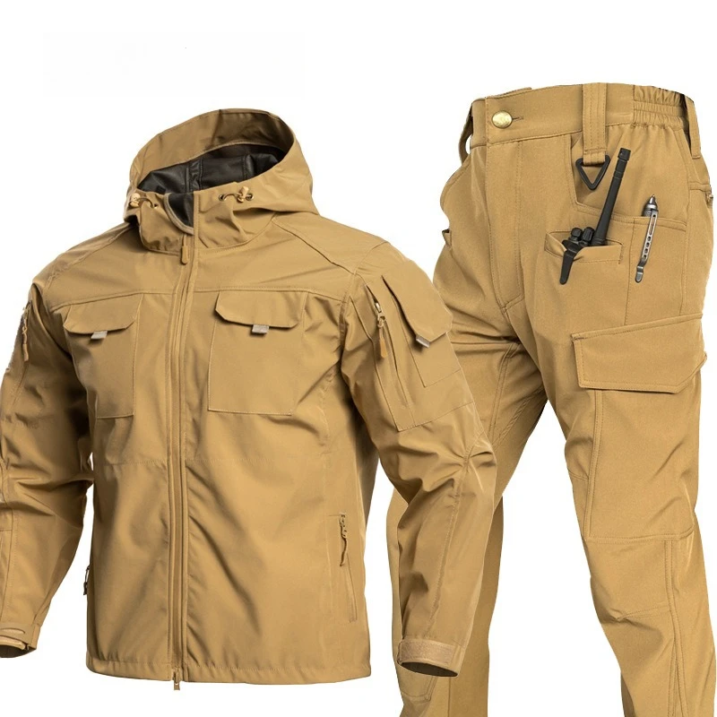 Outdoor Mountaineering Tactical Camouflage Suit Men Thin Water Resistant Hooded Jacket Pants Set for Spring Autumn