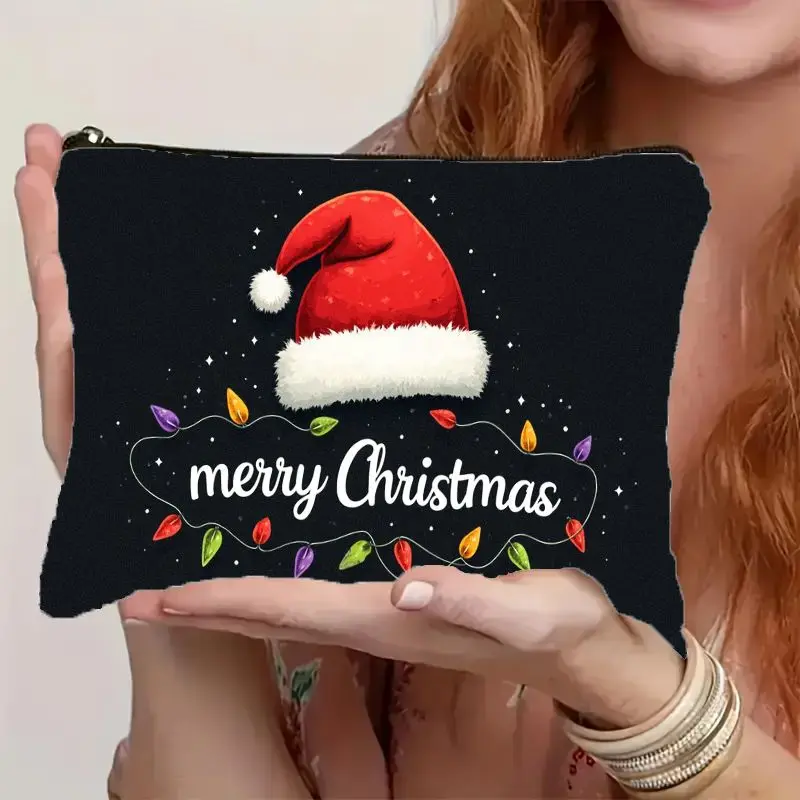 2D Flat Merry Christmas Cosmetic Bag with Santa Hat & Festive Lights Print, Zipper Closure - Holiday Toiletry Organizer