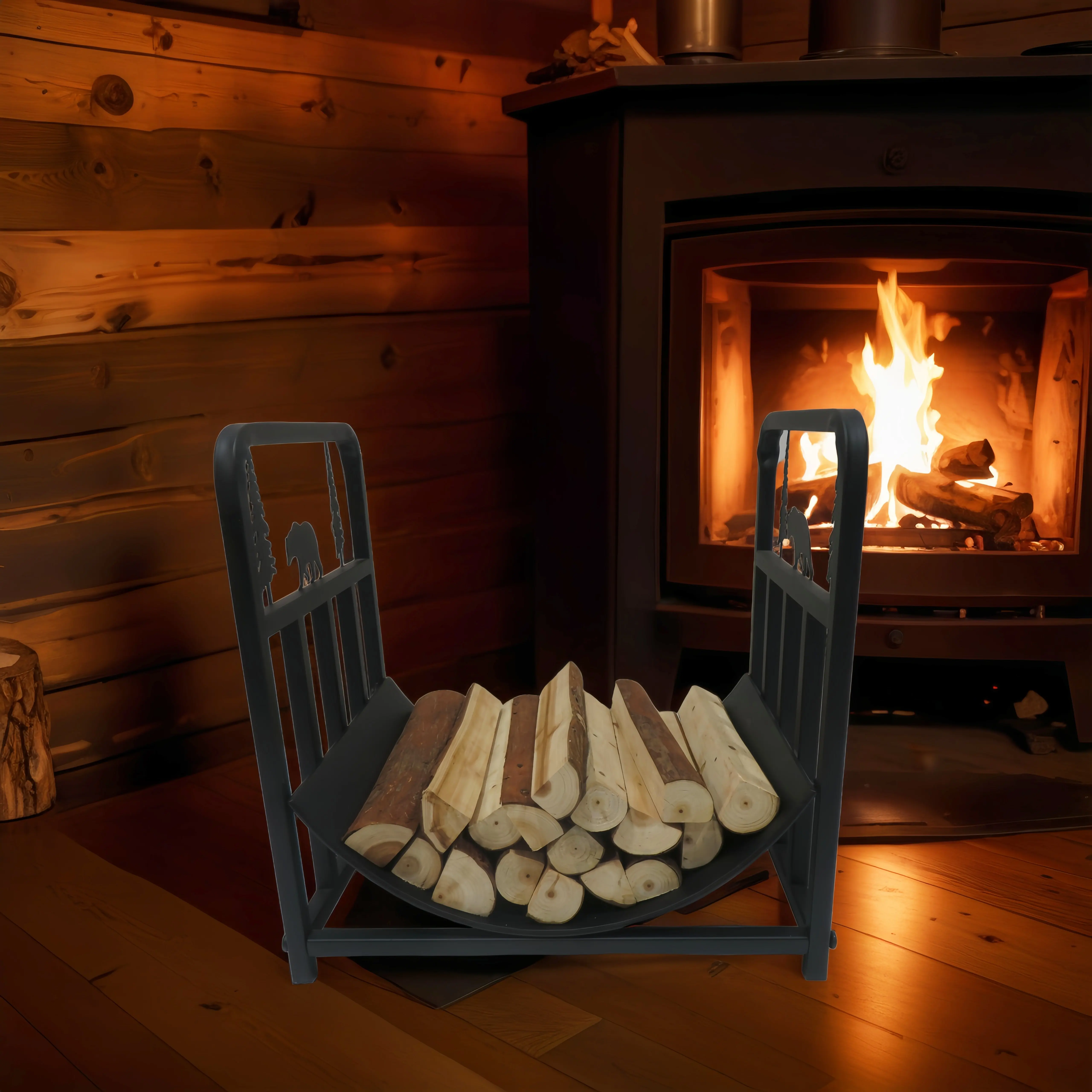 Modern Metal Bear Tree Firewood Rack with Curved Bottom for Indoor and Outdoor Fireplaces