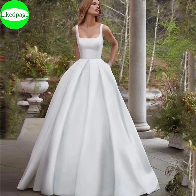 

Simple Satin With Pockets Wedding Dresses For Women2023 Sexy Square Collar Bride Sleeveless Vestidos De Novia Boda Chaple Train