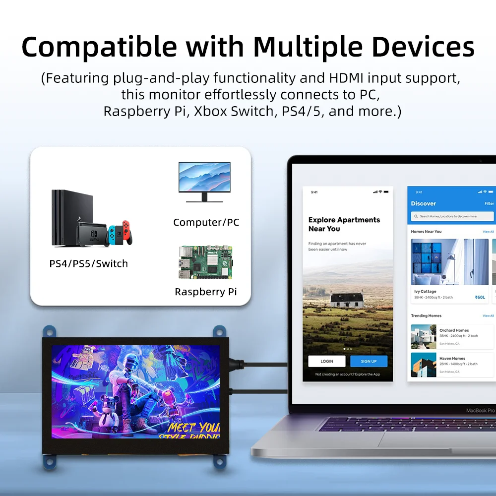 شاشة 4.3 بوصة HDMI LCD 800 × 480 شاشة تعمل باللمس بالسعة لـ Raspberry Pi 5 4B 3B 3B 2B B + B 3A + A + Zero W Zero