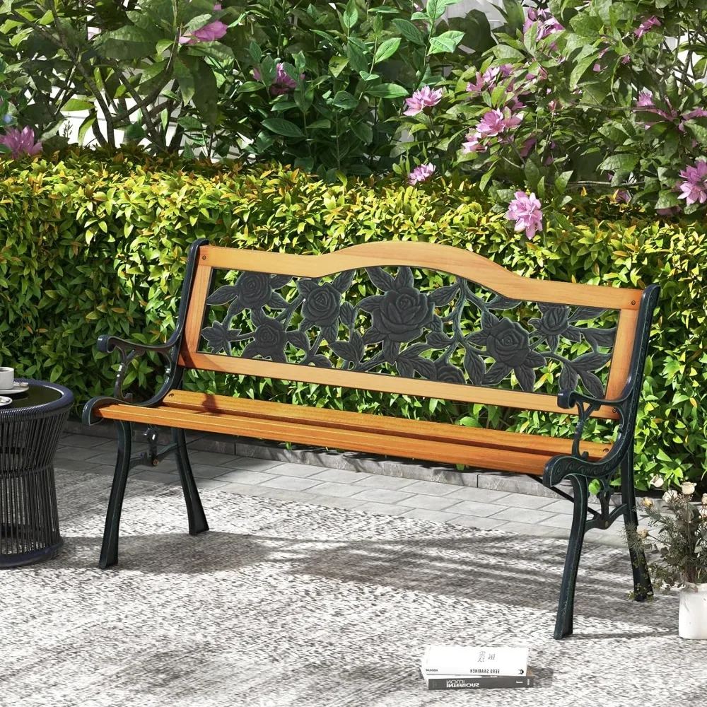 Outdoor Garden Bench Park Bench, Patio Furniture  Chair with Cast Iron&Hardwood Structure, Weather Proof Porch Loveseat