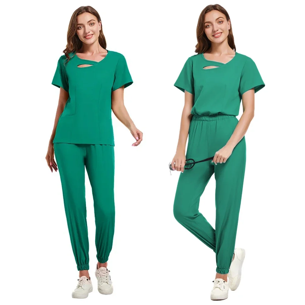 

Fashion Slim Tops+Jogger Pants Beauty Uniforms Elastic Breathable Soft Medical Workwear Nurse Accessories Lab Overalls Scrub Set