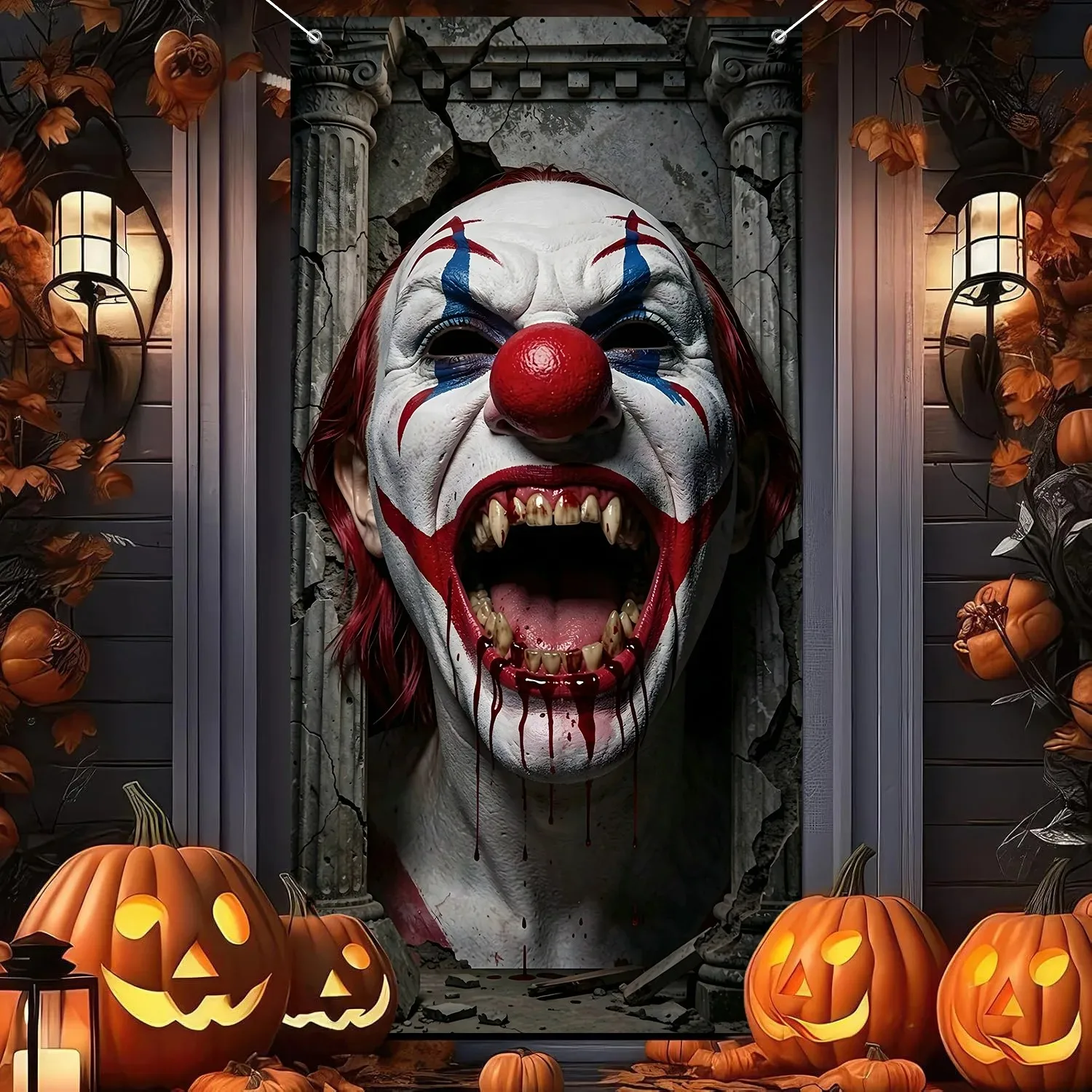 1 Stück Halloween Gruseliger Clown-Türbezug mit blutigem Lächeln-Banner, gruselige Haunted-House-Haustürdekoration, Party-Requisite für Zuhause