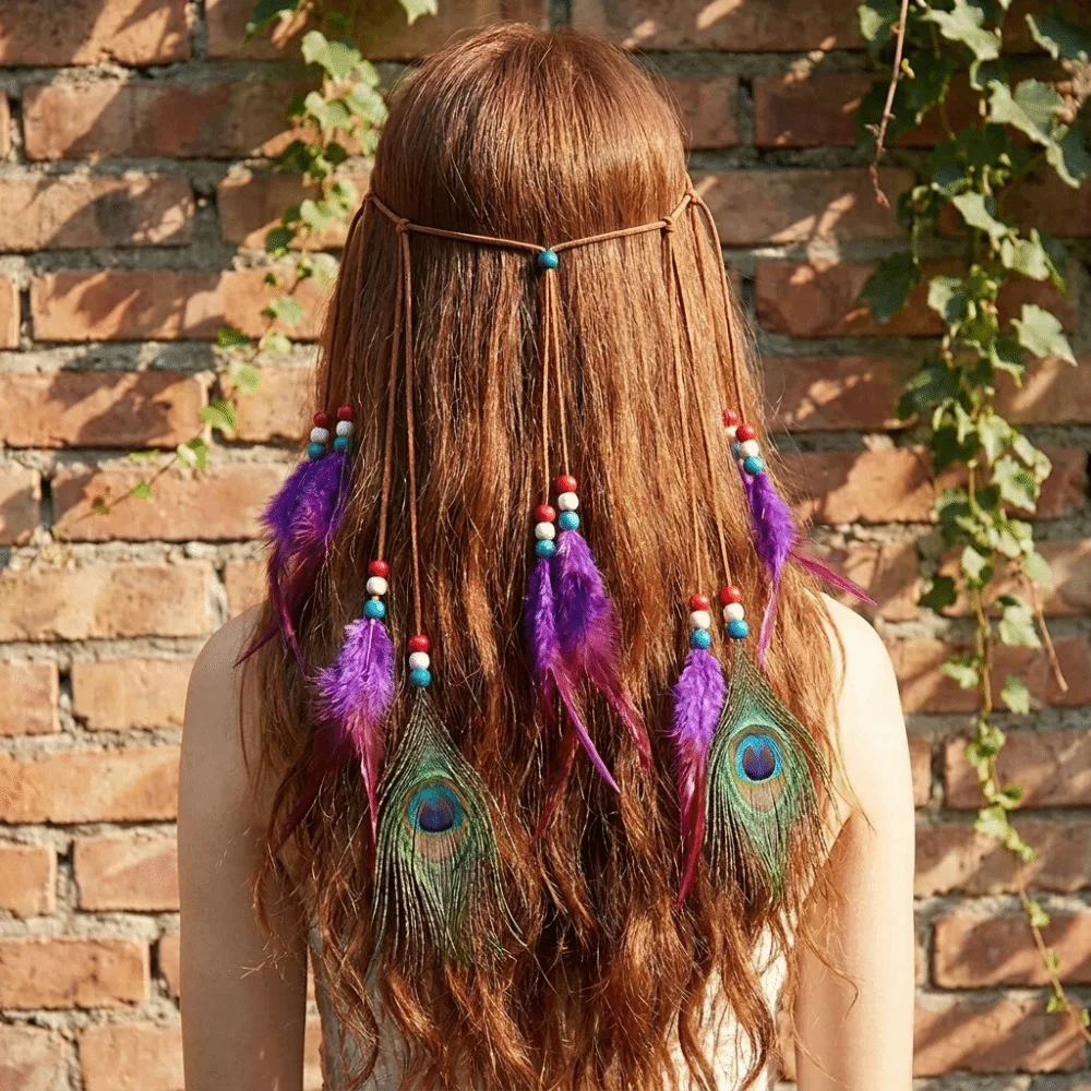 Cascading Tassels Long Feather Headpiece Intricate Beadwork Braided Cord Bohemian Tassel Headband Vintage Ethnic Style