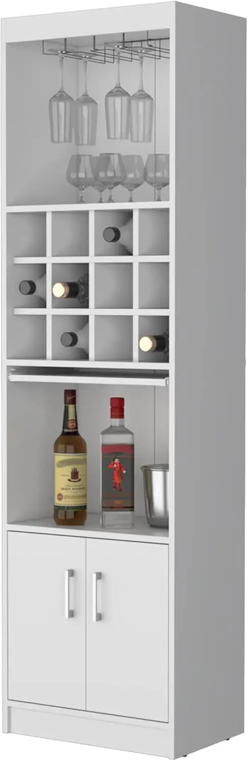 Branco Bar Armário com Wine Rack e Armazenamento, Detém 15 Garrafas e 15 Copos