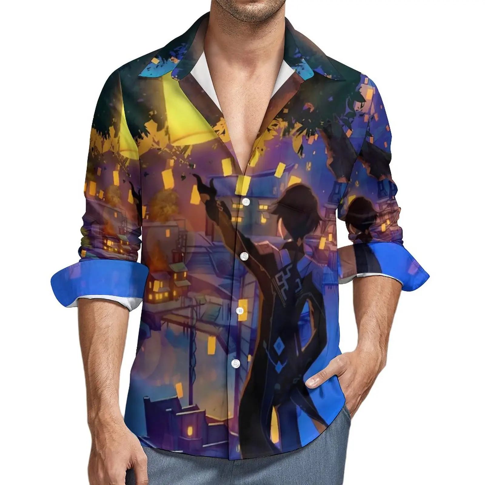 

Genshin Impact Casual Shirts Man Anime Print Shirt Long Sleeve Retro Funny Blouses Autumn Pattern Tops Big Size