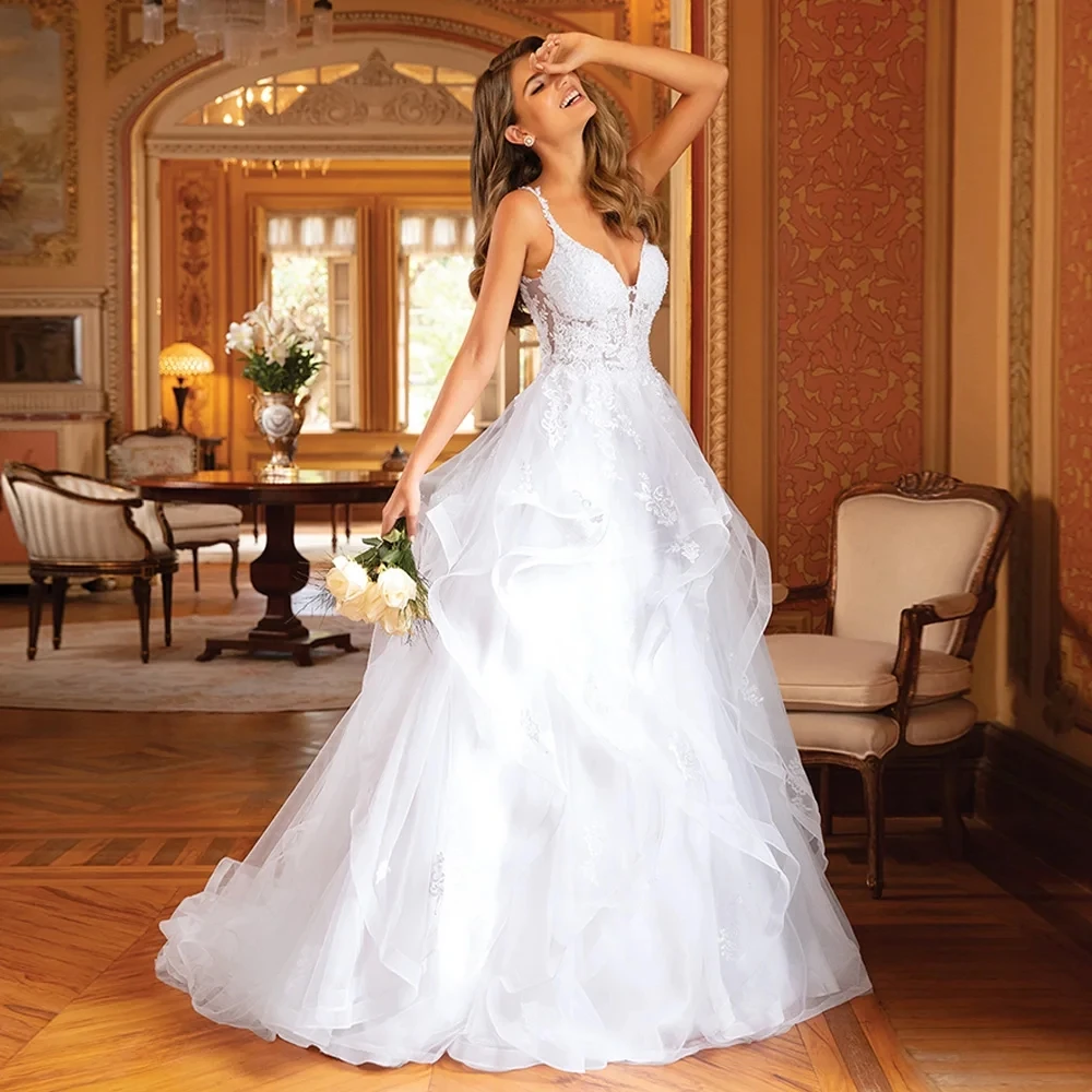 

Спагетти на бретельках с v-образным вырезом Vestidos De Novia Сексуальные свадебные платья с оборками и аппликациями Vestido De Noiva