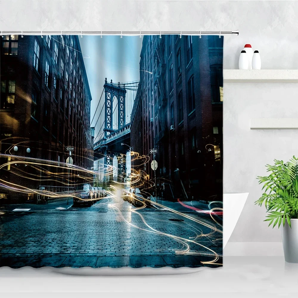 America City Scenery Print Shower Curtains New York Modern Building Illustration Bath Curtains Home Decor Screen with Hooks