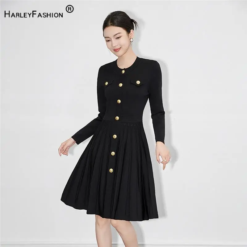 

Delicacy Basic All-match Lady Office Solid Wear O-neck Long Sleeve Single-breasted Women Pleated Knits Midi Dress