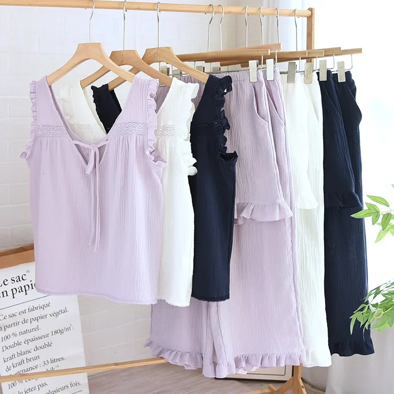 

Летний пижамный комплект, хлопковая одежда для сна, одежда для женщин, тонкий однотонный жилет, топы с шортами и брюками, комплект из трех предметов